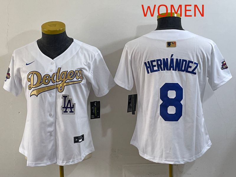 Women Los Angeles Dodgers #8 Hernandez White Champion edition Nike MLB Jersey style 006